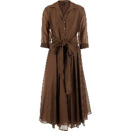 Brown Long Dress with Adjustable Waist Belt and Cuban Collar in Fabric Woman