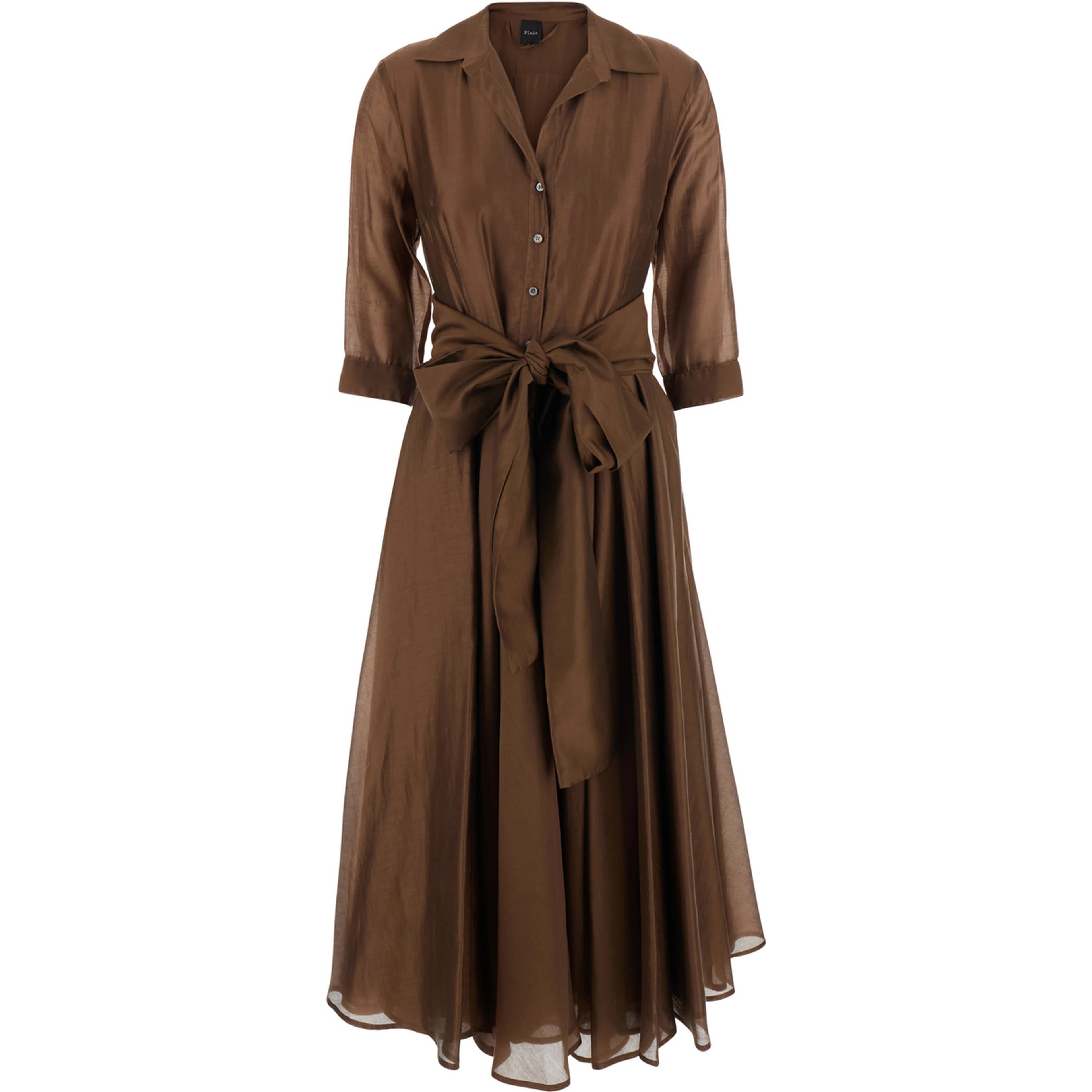 Brown Long Dress with Adjustable Waist Belt and Cuban Collar in Fabric Woman