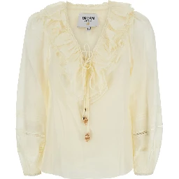 Aria White Blouse with V-neck and Ruffles on the Front in Fabric for Women