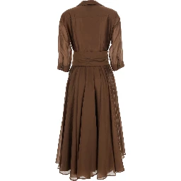 Brown Long Dress with Adjustable Waist Belt and Cuban Collar in Fabric Woman