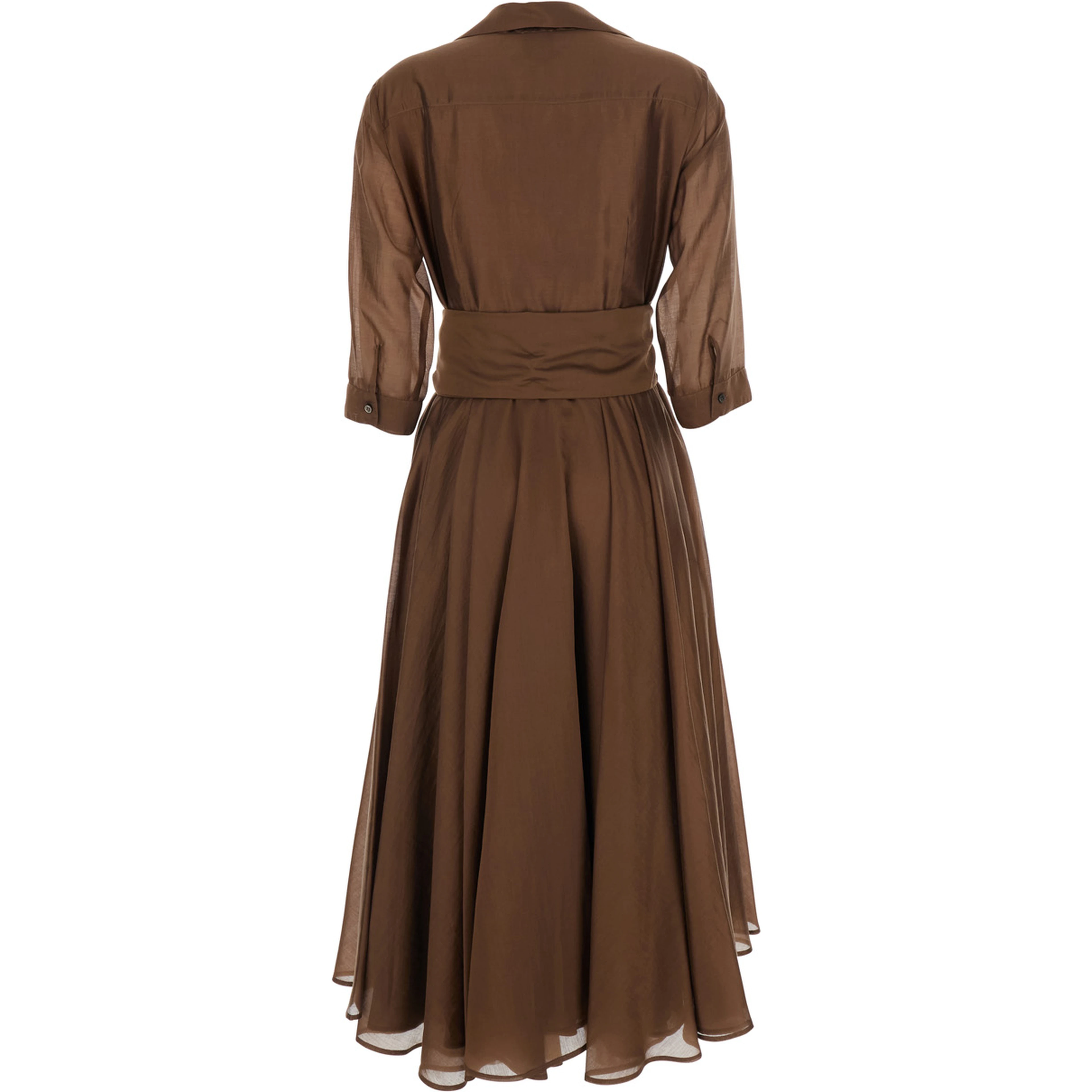 Brown Long Dress with Adjustable Waist Belt and Cuban Collar in Fabric Woman