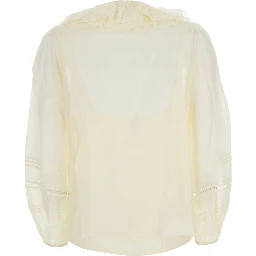 Aria White Blouse with V-neck and Ruffles on the Front in Fabric for Women