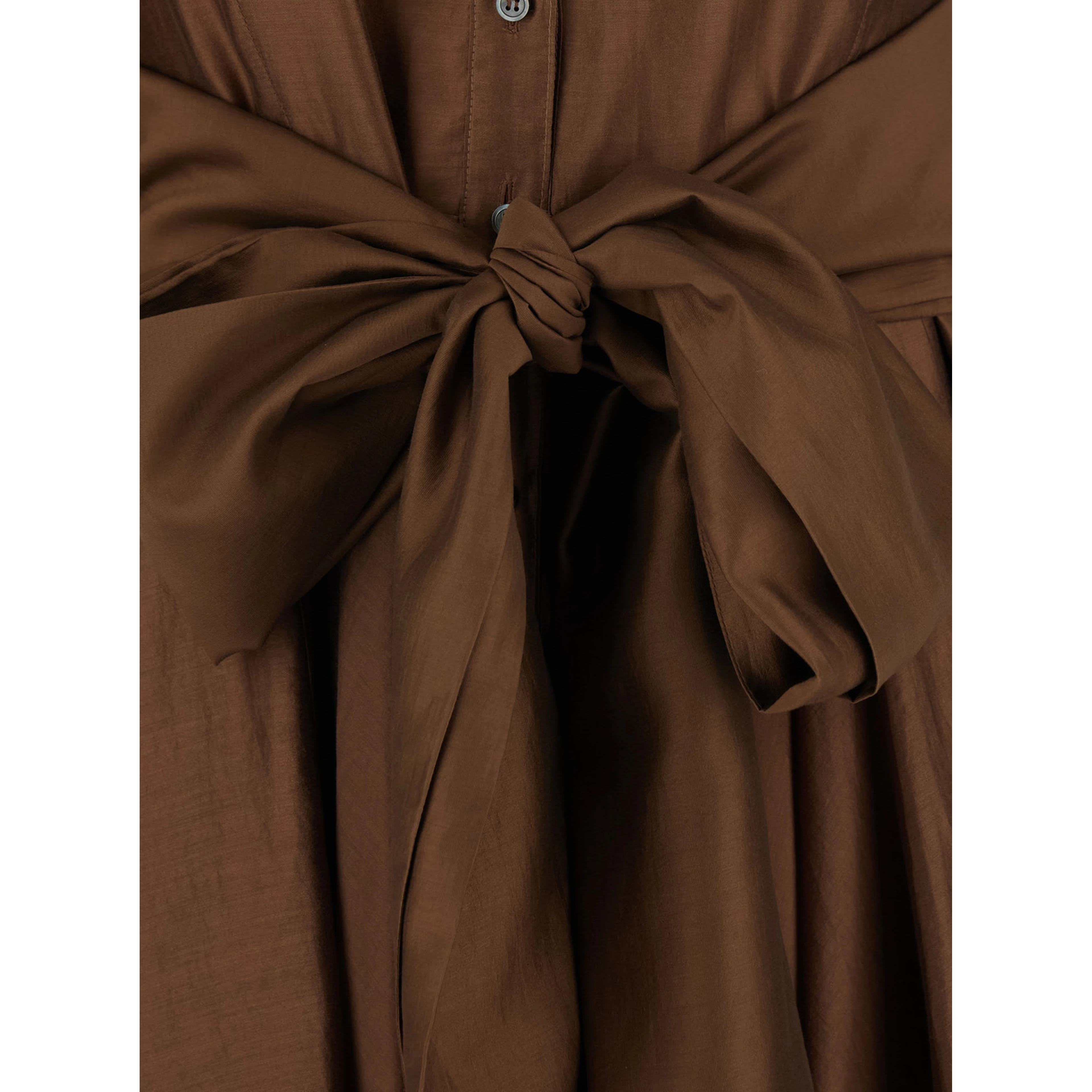 Brown Long Dress with Adjustable Waist Belt and Cuban Collar in Fabric Woman