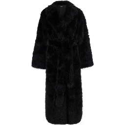 black Long coat with Notched revers and adjustable waist belt in eco-fur for women