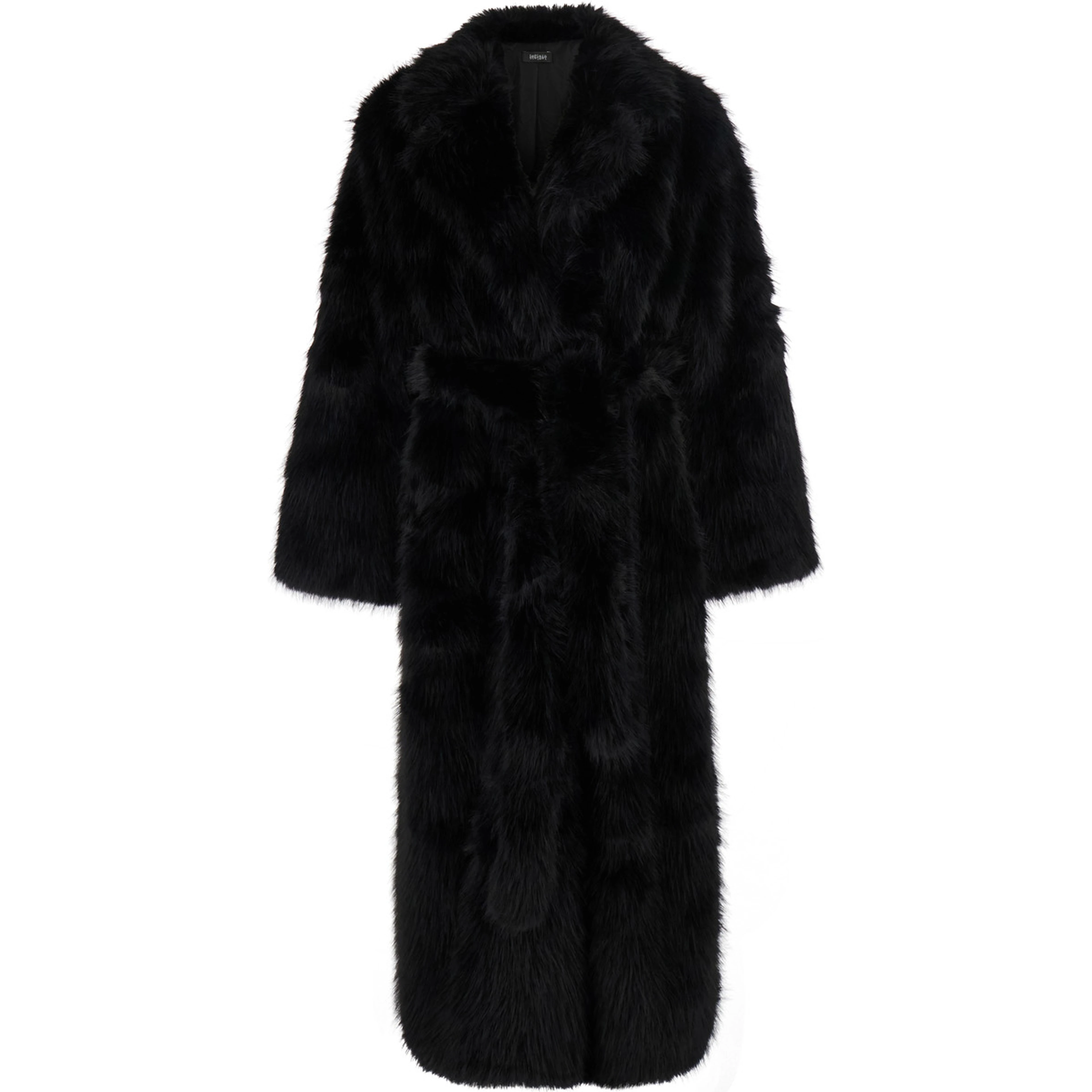 black Long coat with Notched revers and adjustable waist belt in eco-fur for women