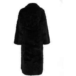 black Long coat with Notched revers and adjustable waist belt in eco-fur for women