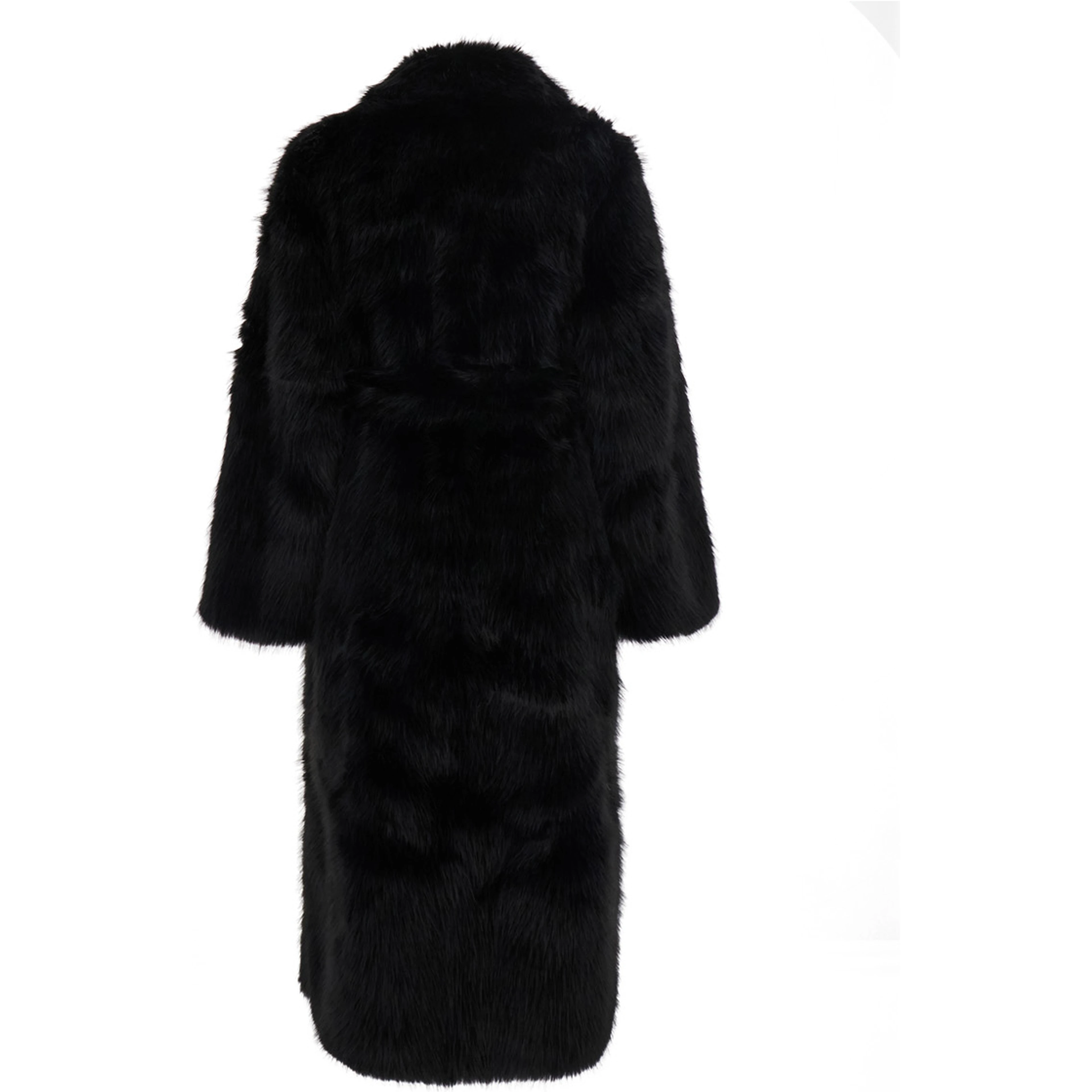 black Long coat with Notched revers and adjustable waist belt in eco-fur for women