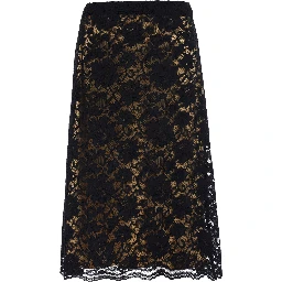 Black A-Line Skirt with Scalloped Hem and All-Over Lace Embroidery in Fabric for Women