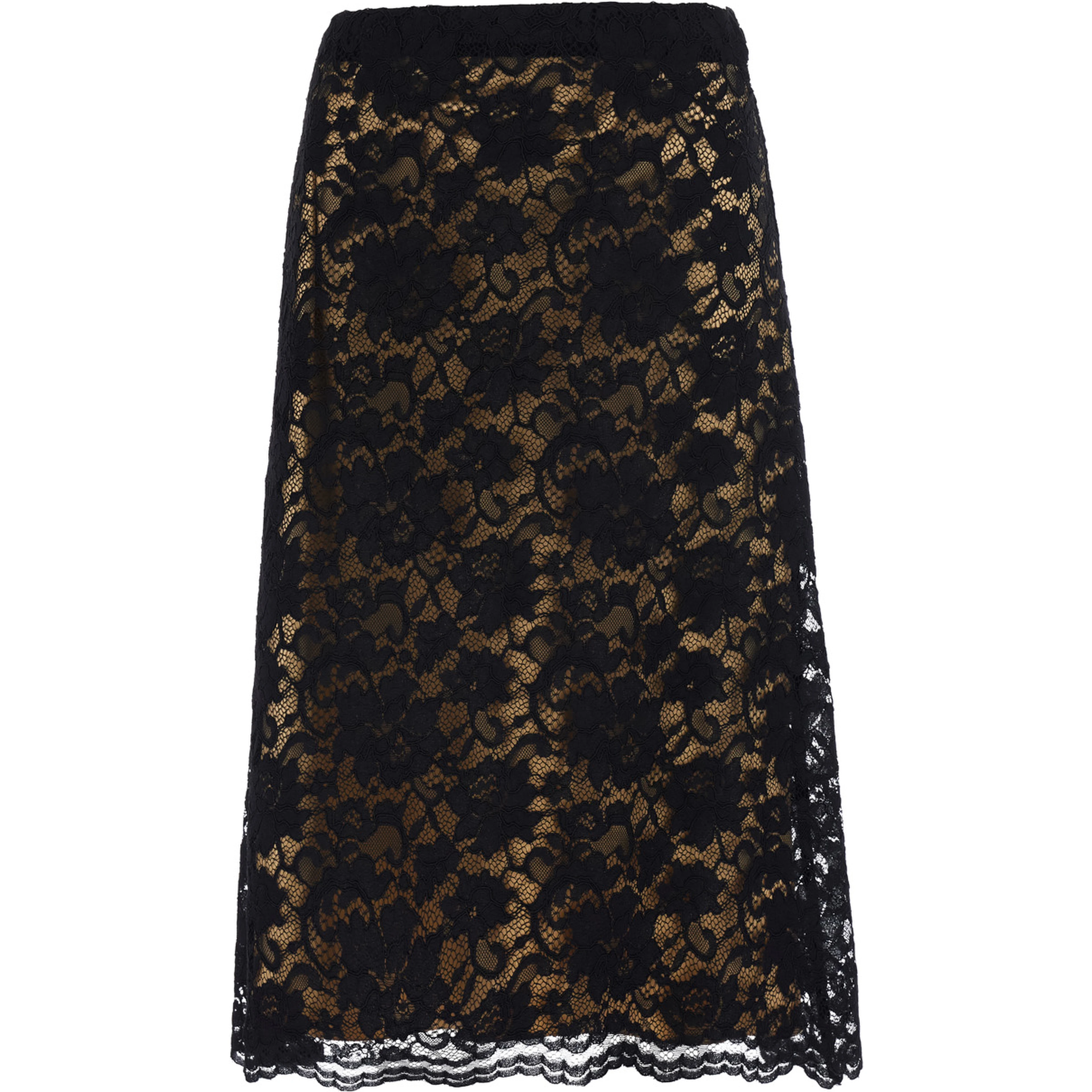 Black A-Line Skirt with Scalloped Hem and All-Over Lace Embroidery in Fabric for Women