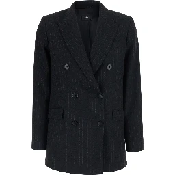 Black Double-breasted Jacket with Peak Revers and Pinstripe Motif All-Over in Fabric for Women