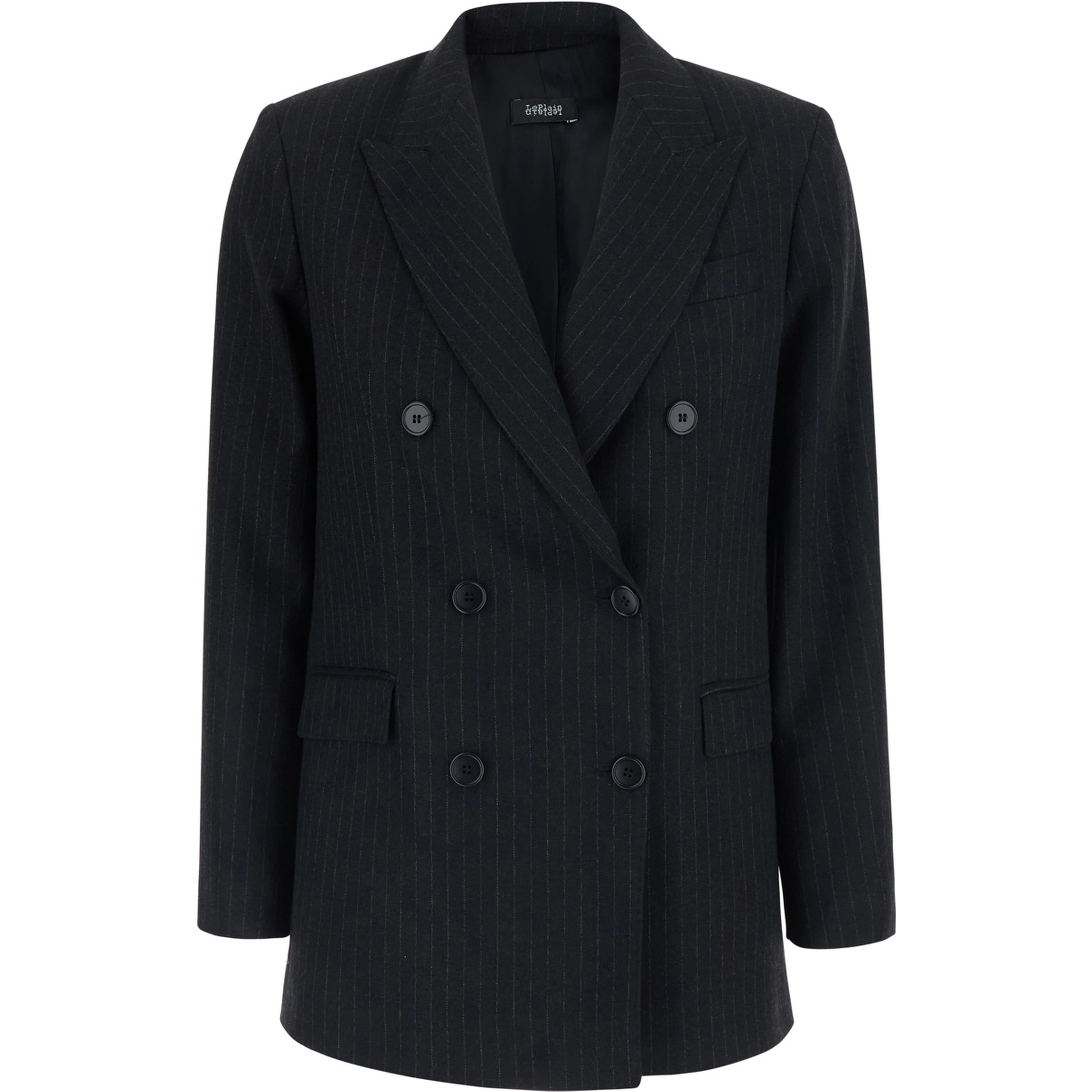 Black Double-breasted Jacket with Peak Revers and Pinstripe Motif All-Over in Fabric for Women