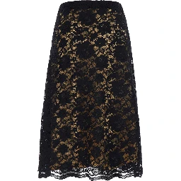 Black A-Line Skirt with Scalloped Hem and All-Over Lace Embroidery in Fabric for Women
