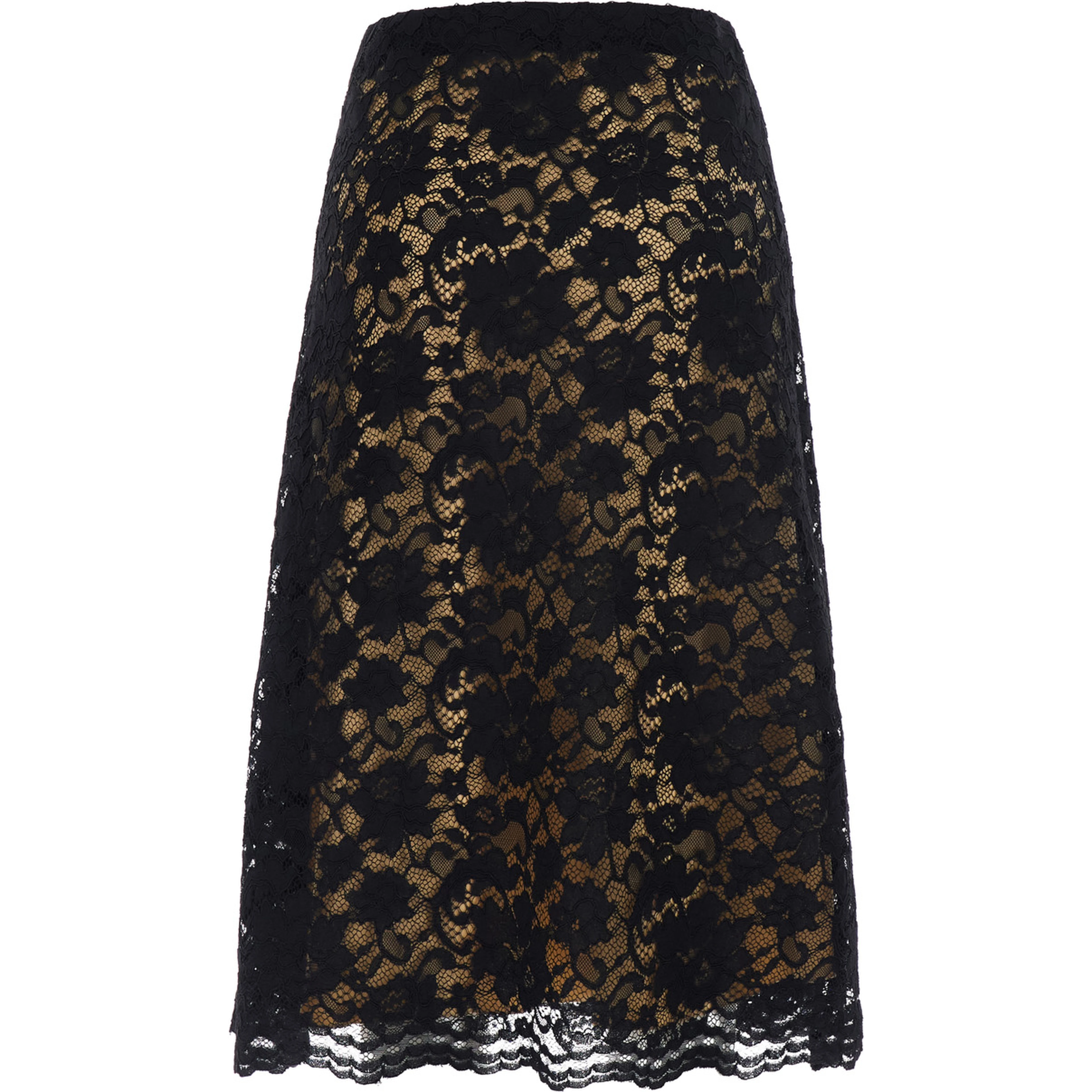 Black A-Line Skirt with Scalloped Hem and All-Over Lace Embroidery in Fabric for Women