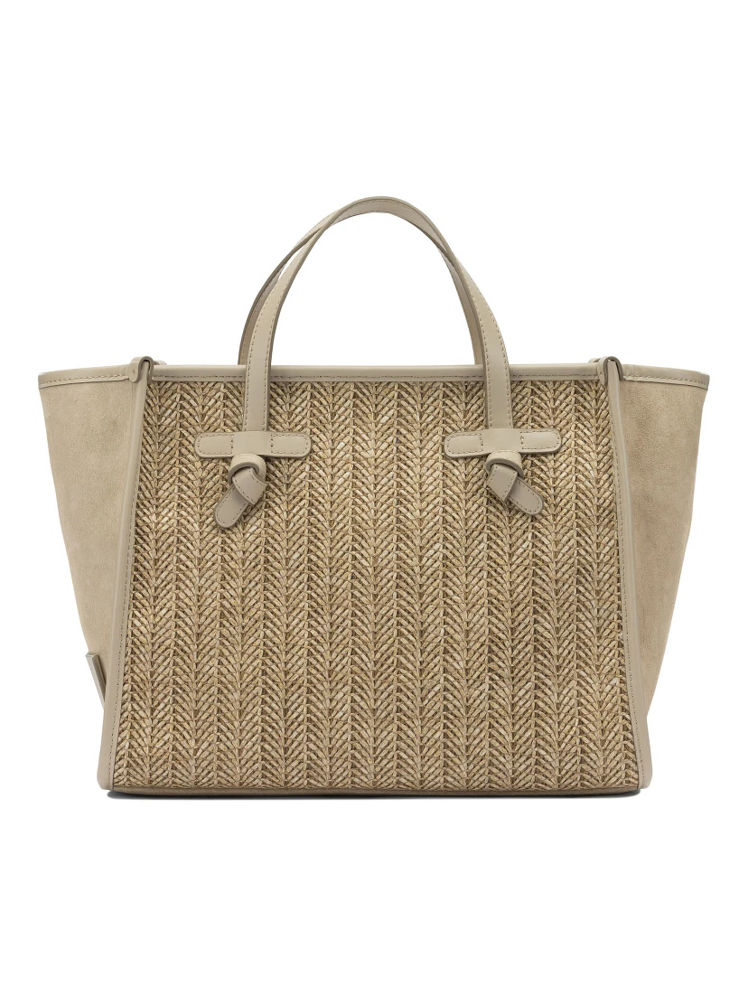 "Marcella" shoulder bag in suede and woven straw