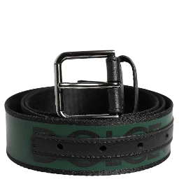 Black Green Logo Silver Tone Metal Buckle Belt