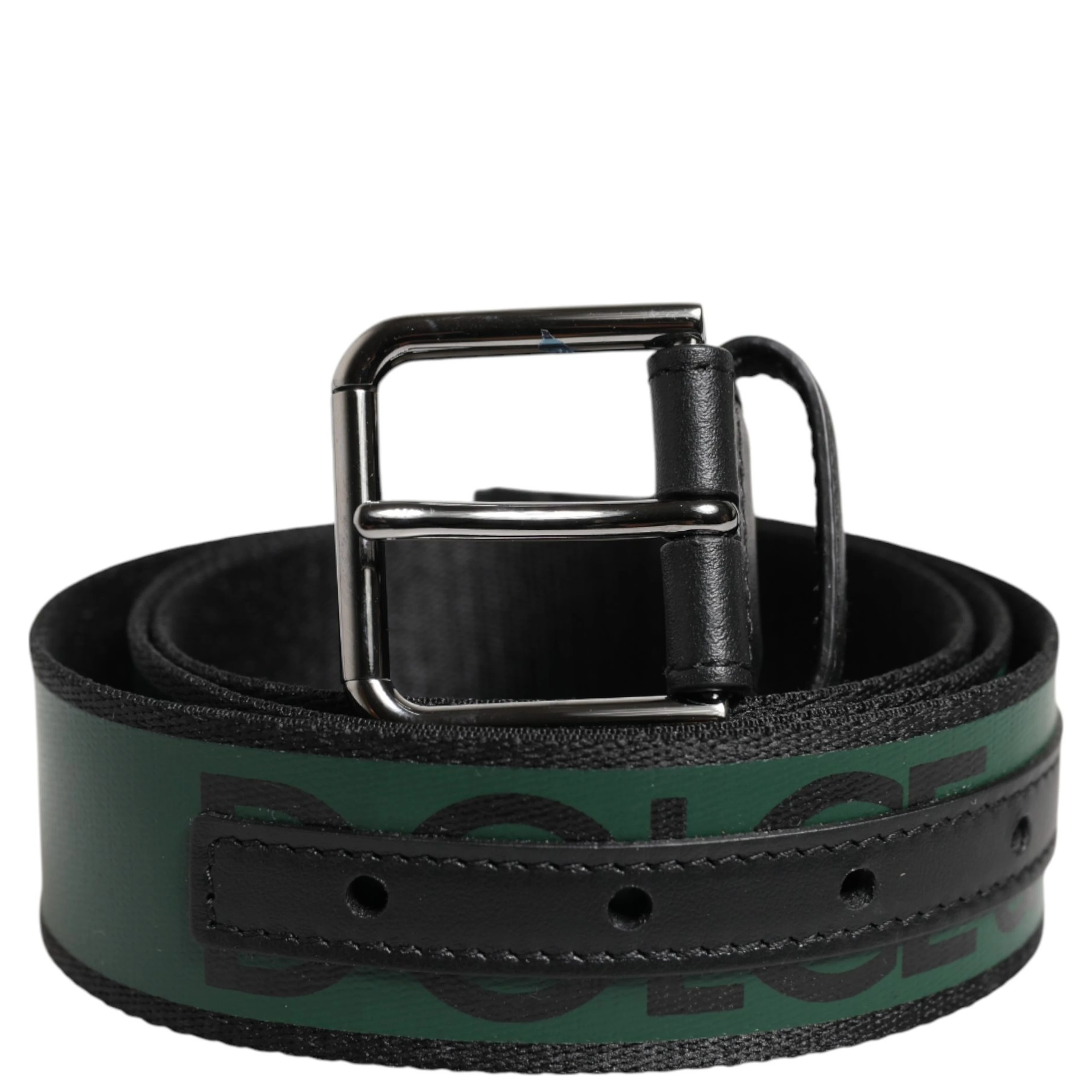 Black Green Logo Silver Tone Metal Buckle Belt