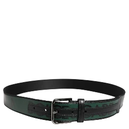 Black Green Logo Silver Tone Metal Buckle Belt