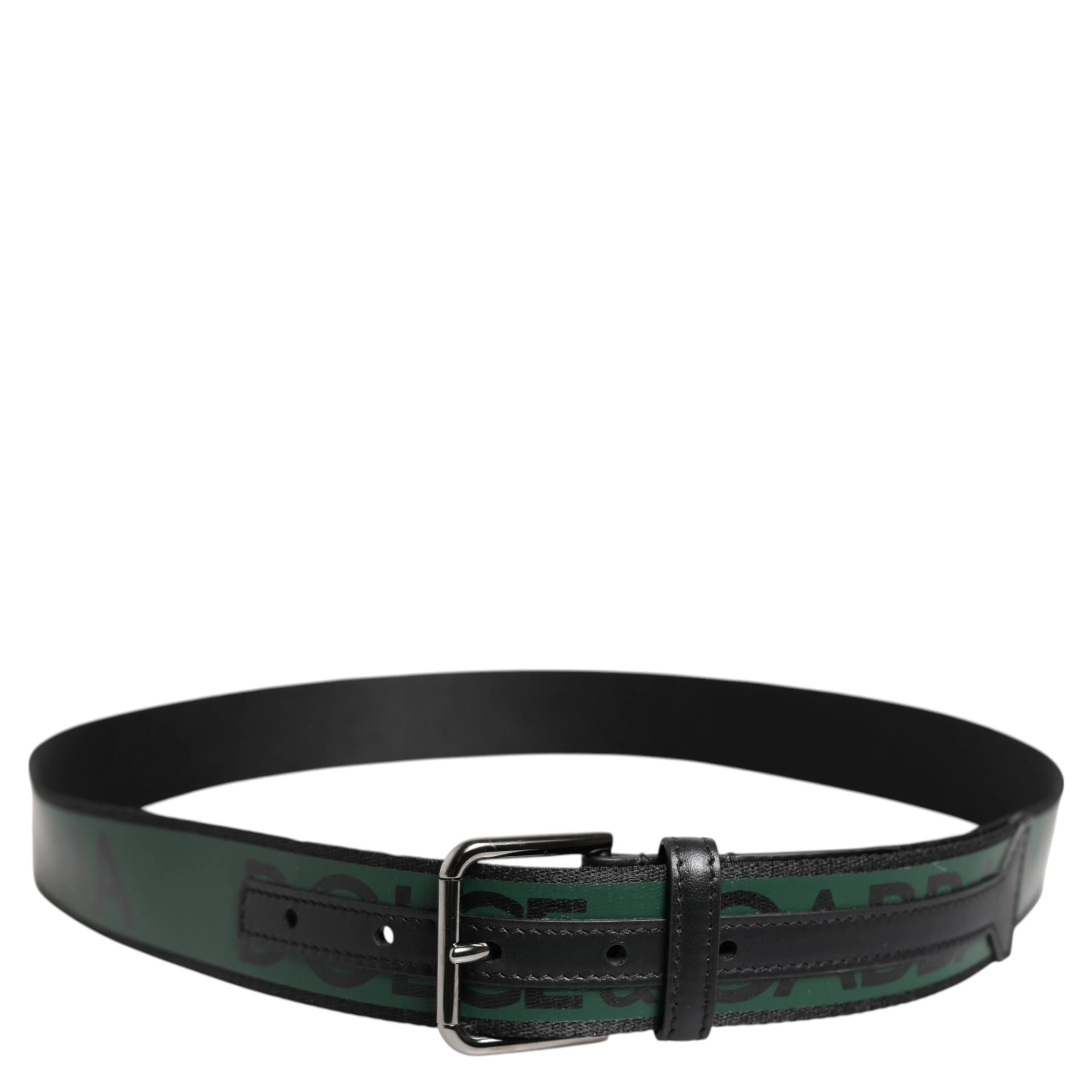 Black Green Logo Silver Tone Metal Buckle Belt