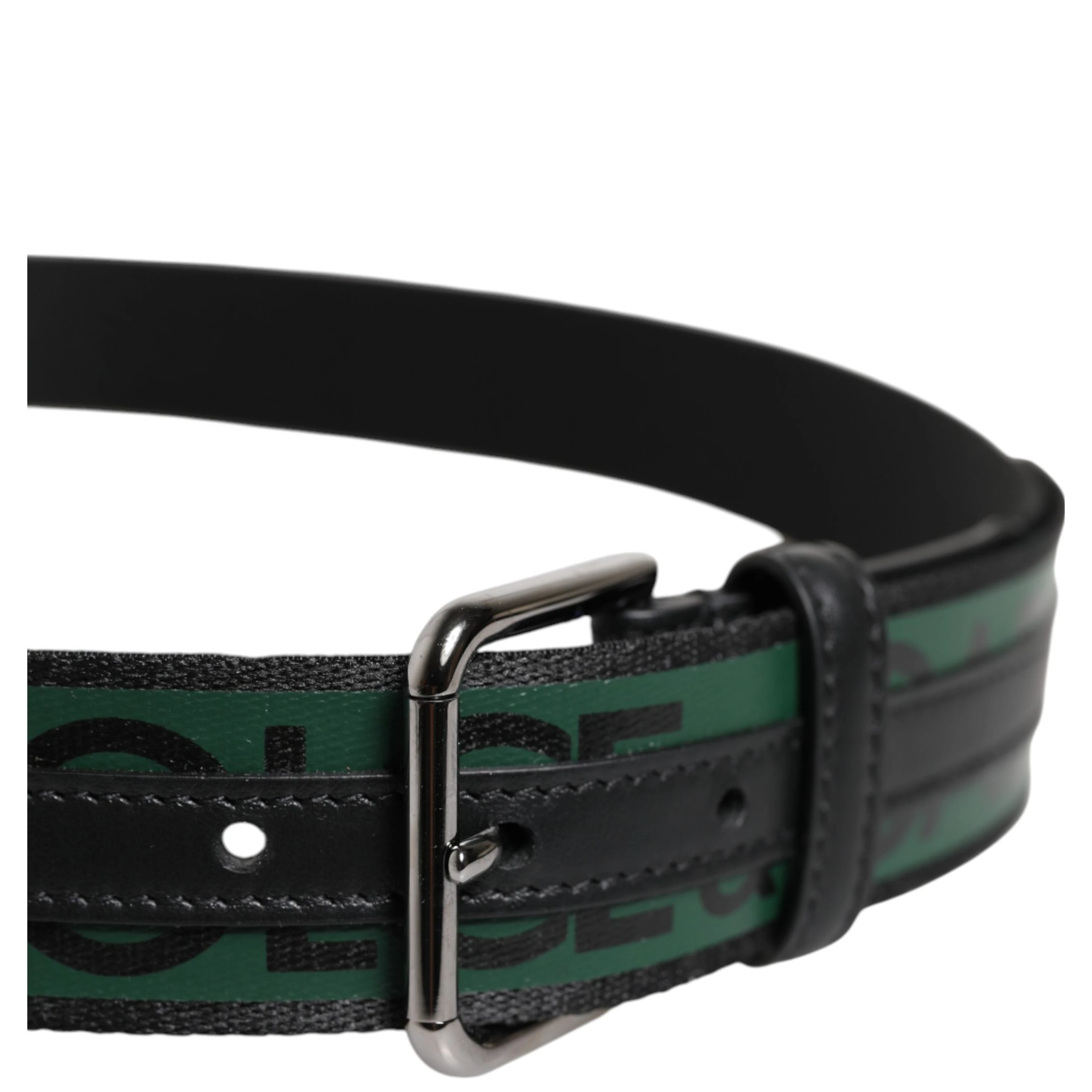 Black Green Logo Silver Tone Metal Buckle Belt