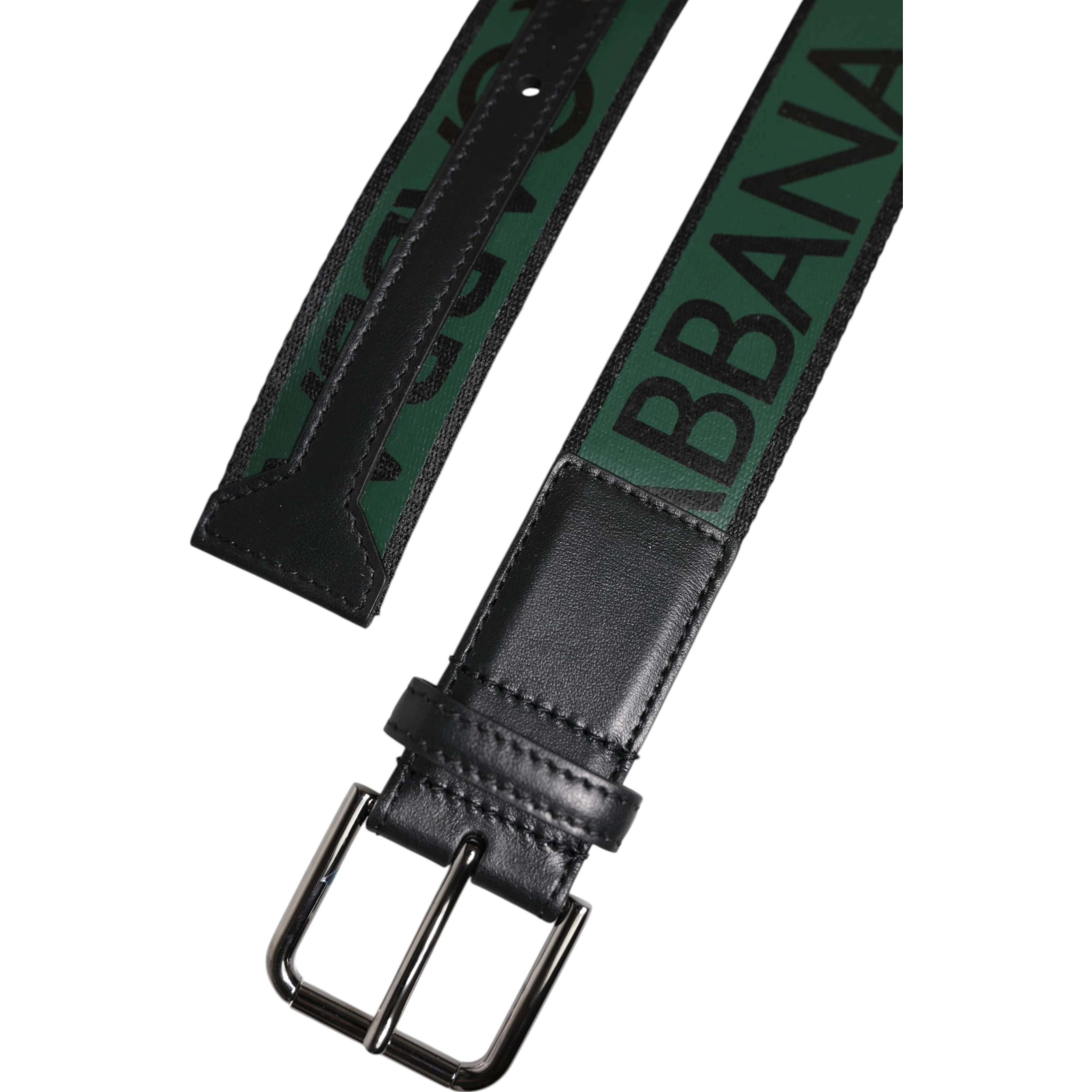 Black Green Logo Silver Tone Metal Buckle Belt