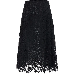 Black Flared Midi Skirt with Lace Embroidery in Cotton Blend for Women