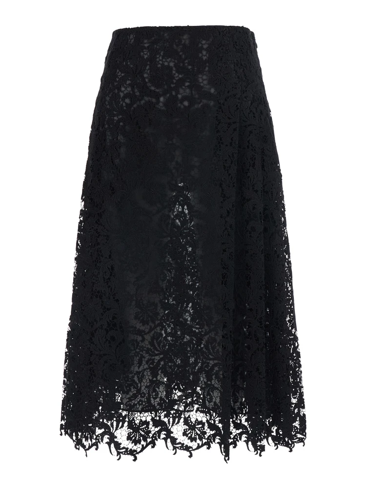 Black Flared Midi Skirt with Lace Embroidery in Cotton Blend for Women