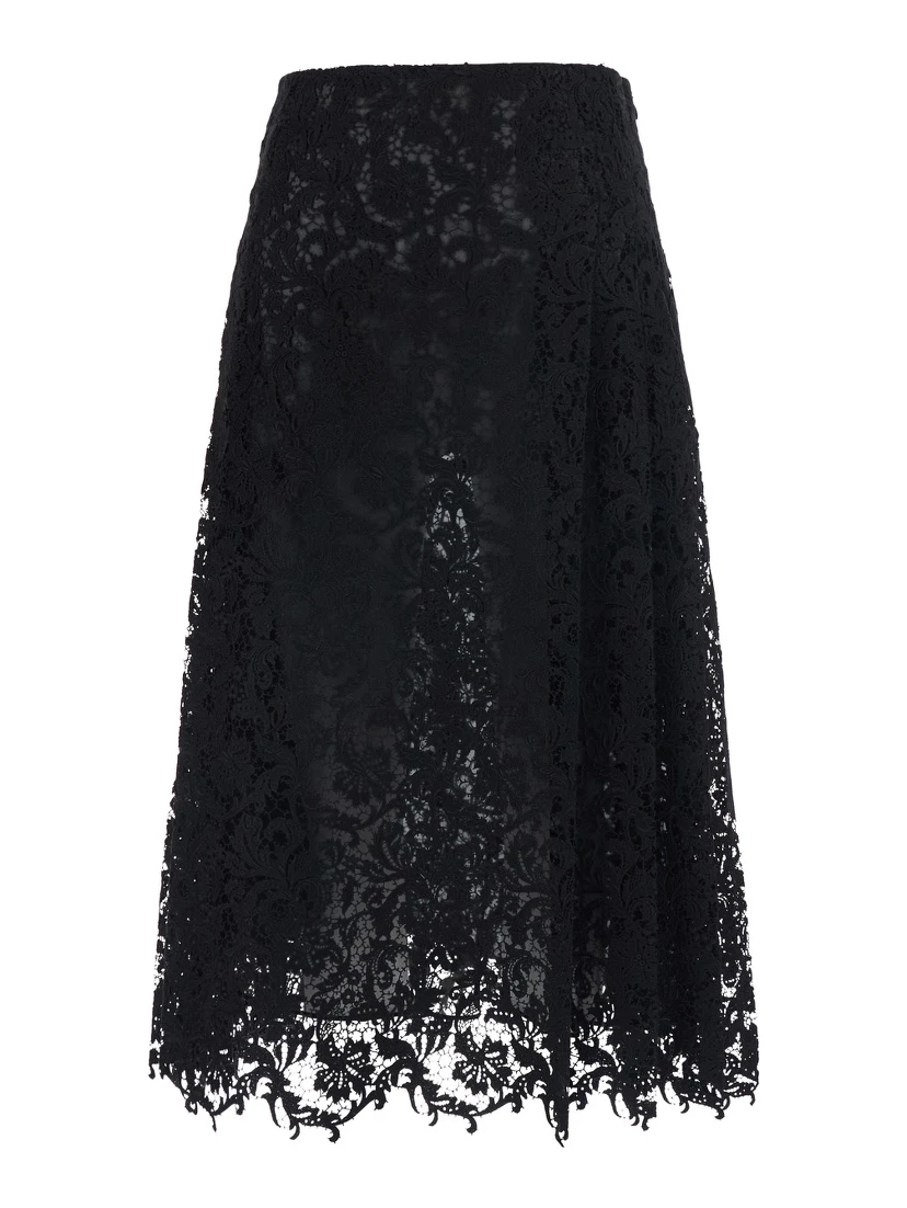 Black Flared Midi Skirt with Lace Embroidery in Cotton Blend for Women