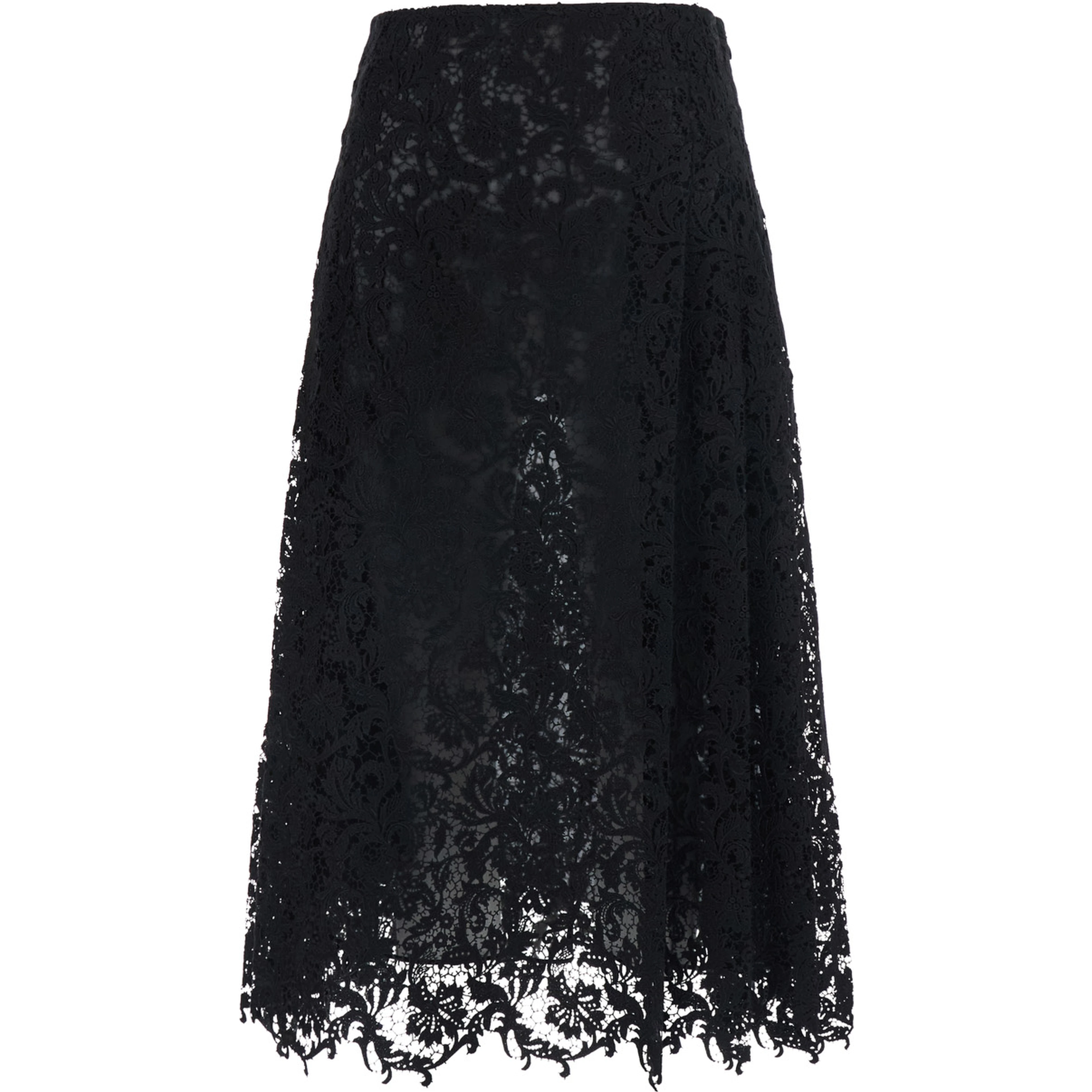 Black Flared Midi Skirt with Lace Embroidery in Cotton Blend for Women