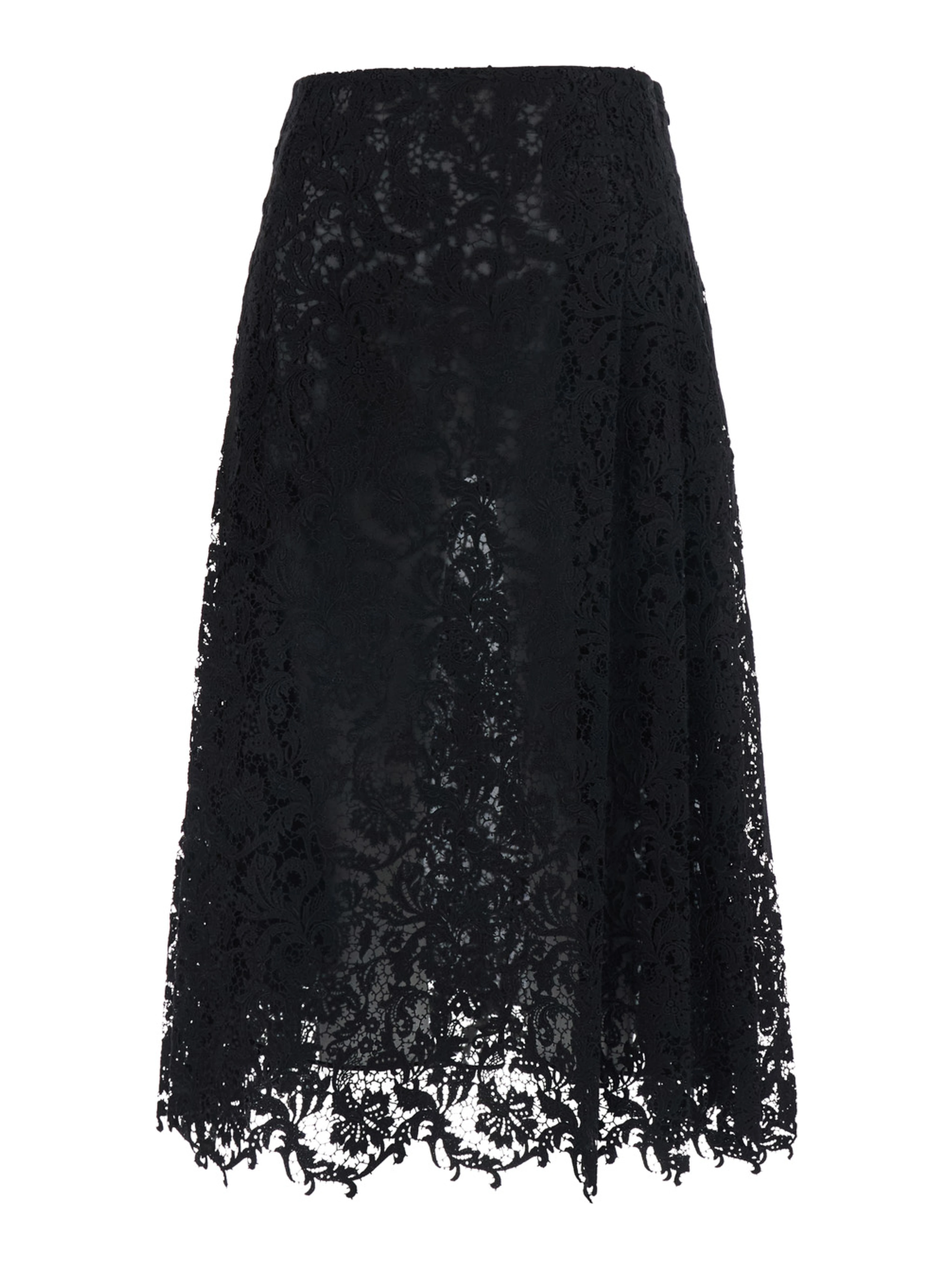 Black Flared Midi Skirt with Lace Embroidery in Cotton Blend for Women