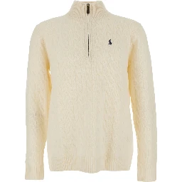 High Neck Sweater with Pony Embroidery on the Front and Half Zip Closure in White Wool and Cashmere for Men