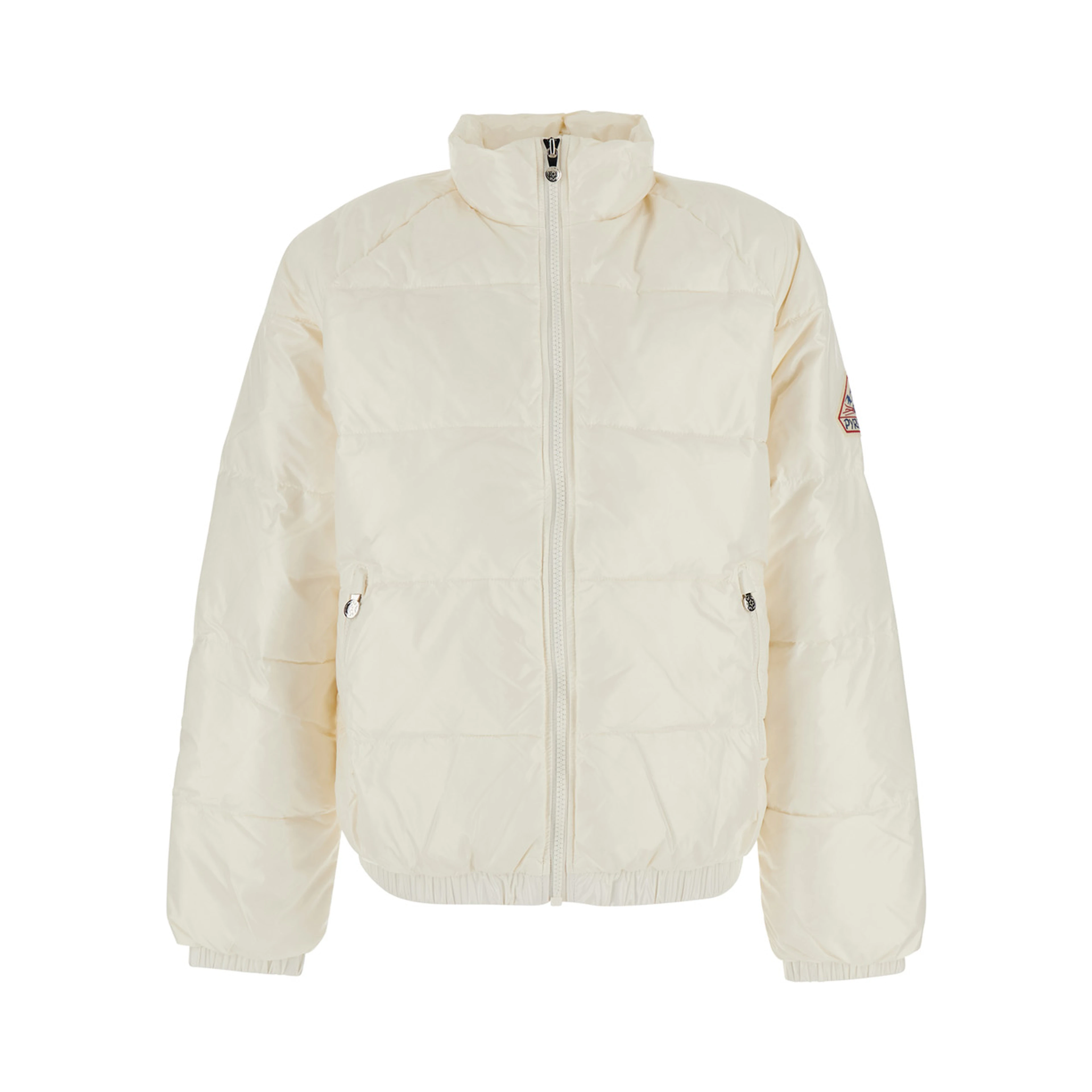 White High-neck Down jacket with logo patch on the sleeve in Tech Fabric unisex