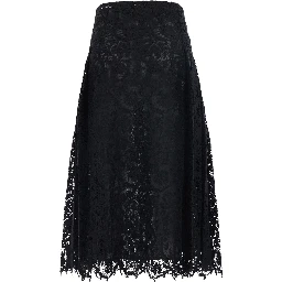 Black Flared Midi Skirt with Lace Embroidery in Cotton Blend for Women