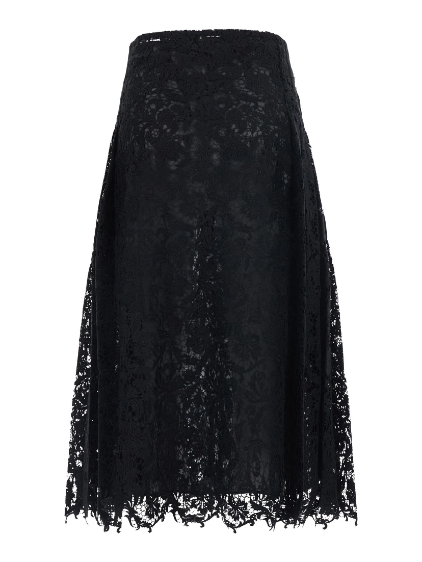 Black Flared Midi Skirt with Lace Embroidery in Cotton Blend for Women