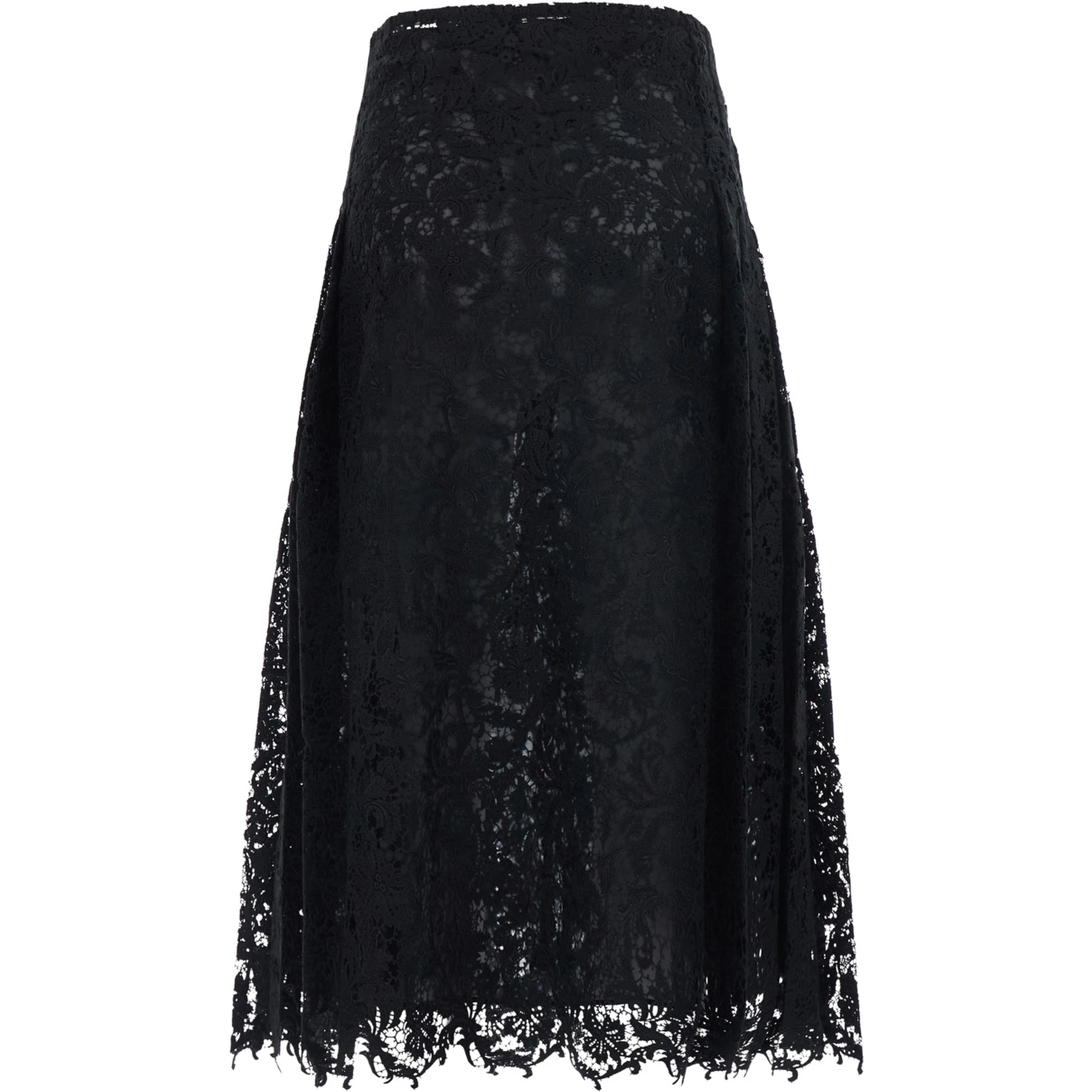 Black Flared Midi Skirt with Lace Embroidery in Cotton Blend for Women