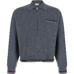 Grey Sweater with classic collar and Greca detail on the front in wool for men