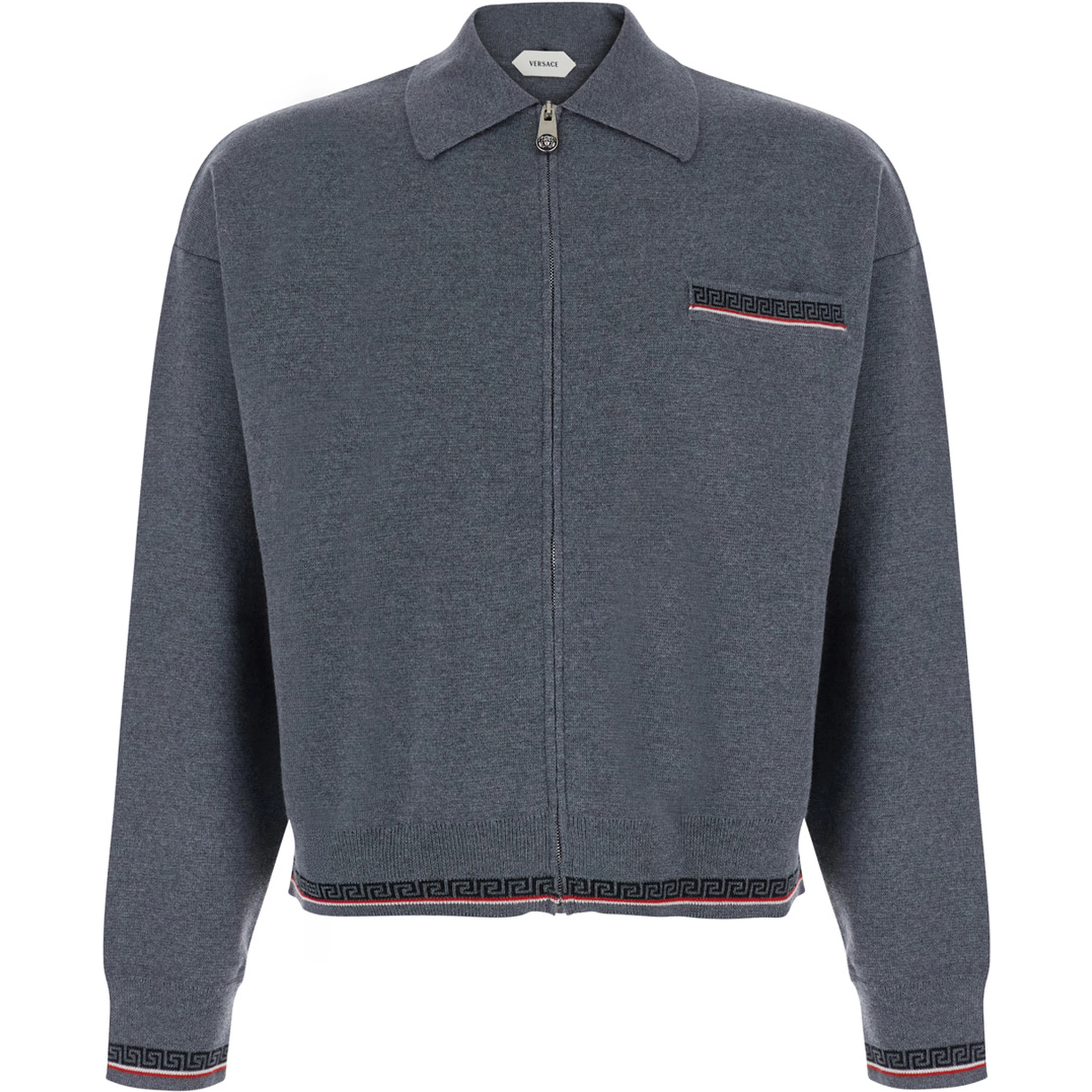 Grey Sweater with classic collar and Greca detail on the front in wool for men