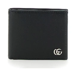 Black Leather Mens Bi-Fold Wallet with Logo Plate on the Front