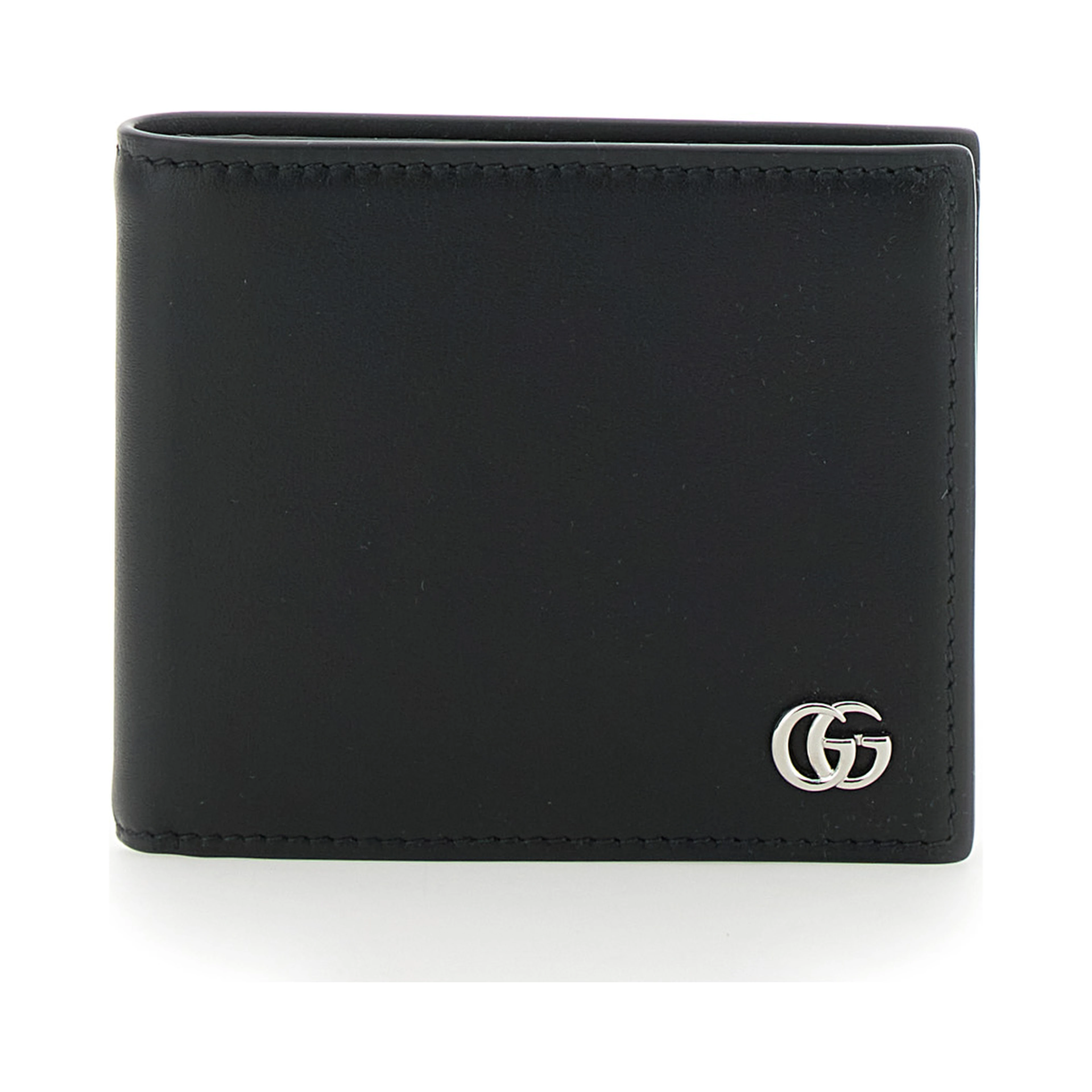 Black Leather Mens Bi-Fold Wallet with Logo Plate on the Front