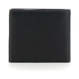 Black Leather Mens Bi-Fold Wallet with Logo Plate on the Front
