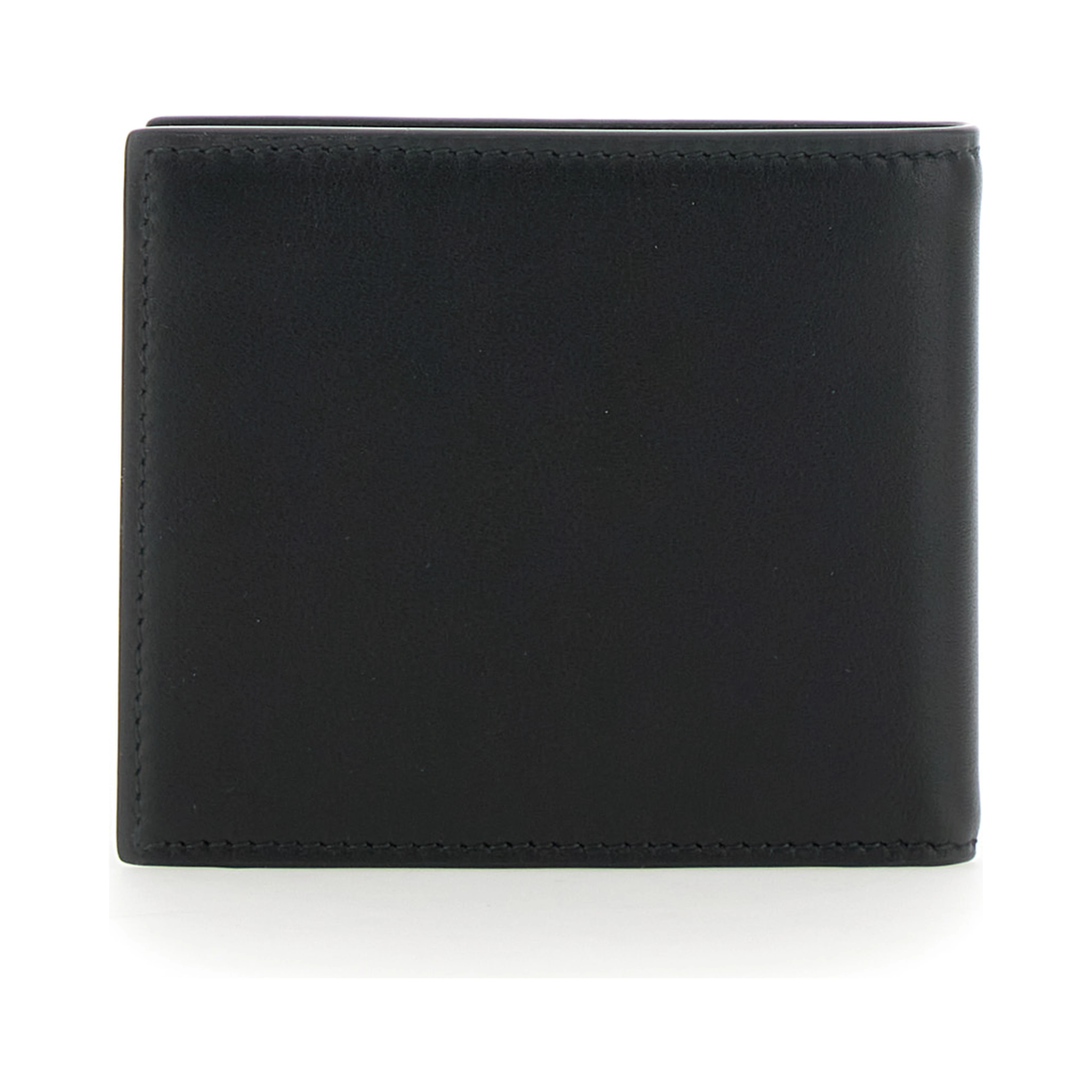 Black Leather Mens Bi-Fold Wallet with Logo Plate on the Front