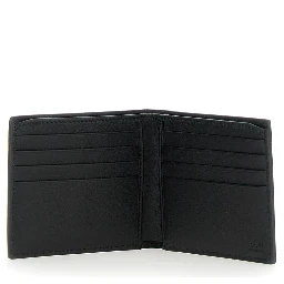 Black Leather Mens Bi-Fold Wallet with Logo Plate on the Front