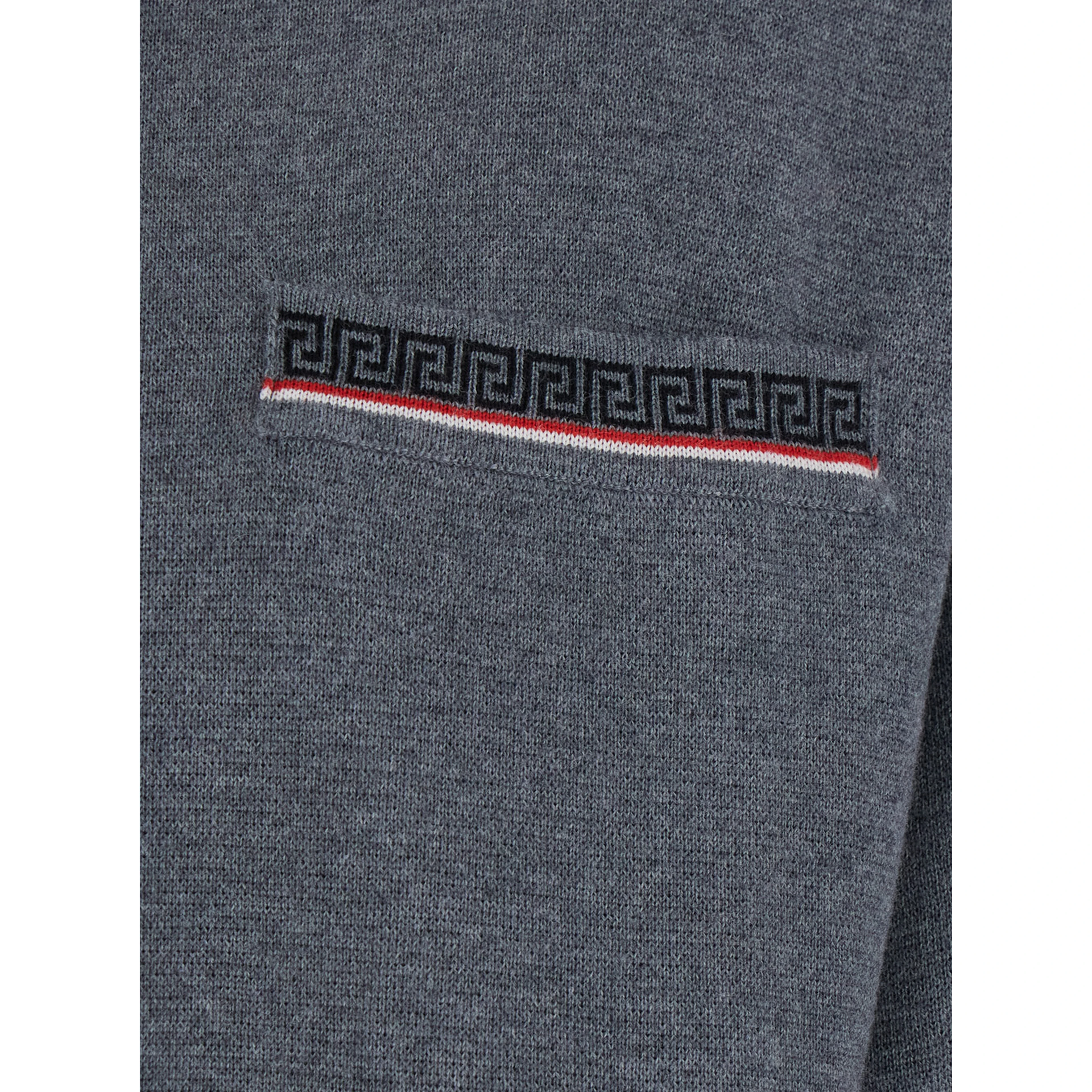 Grey Sweater with classic collar and Greca detail on the front in wool for men