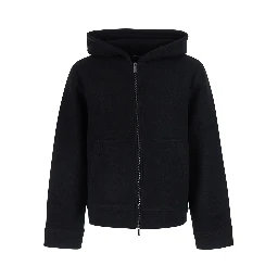 Black Jacket with fixed hood and zip on the front in wool for men