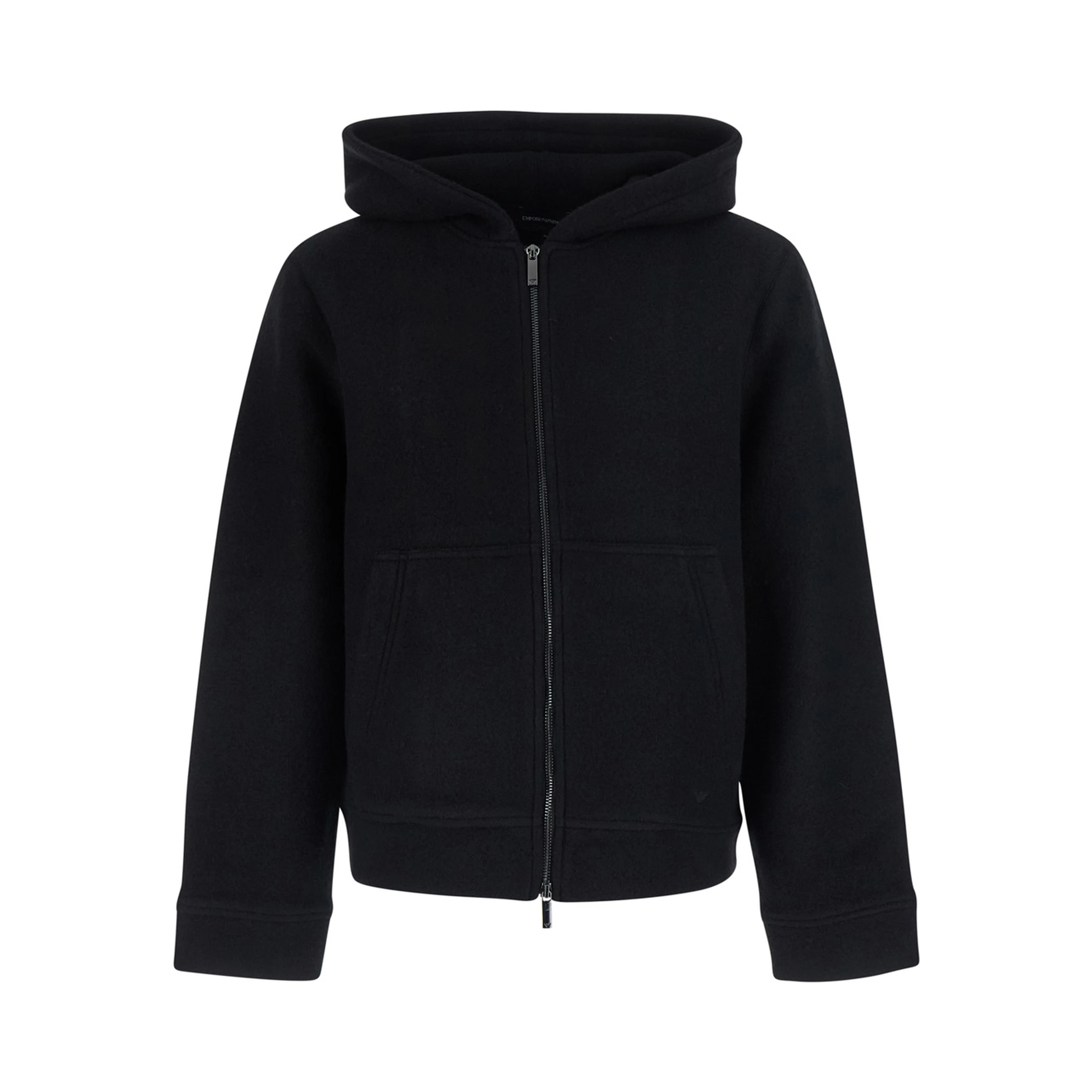 Black Jacket with fixed hood and zip on the front in wool for men