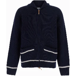 PORTCLIDE blue hooded cardigan with back embroidery in wool blend Men