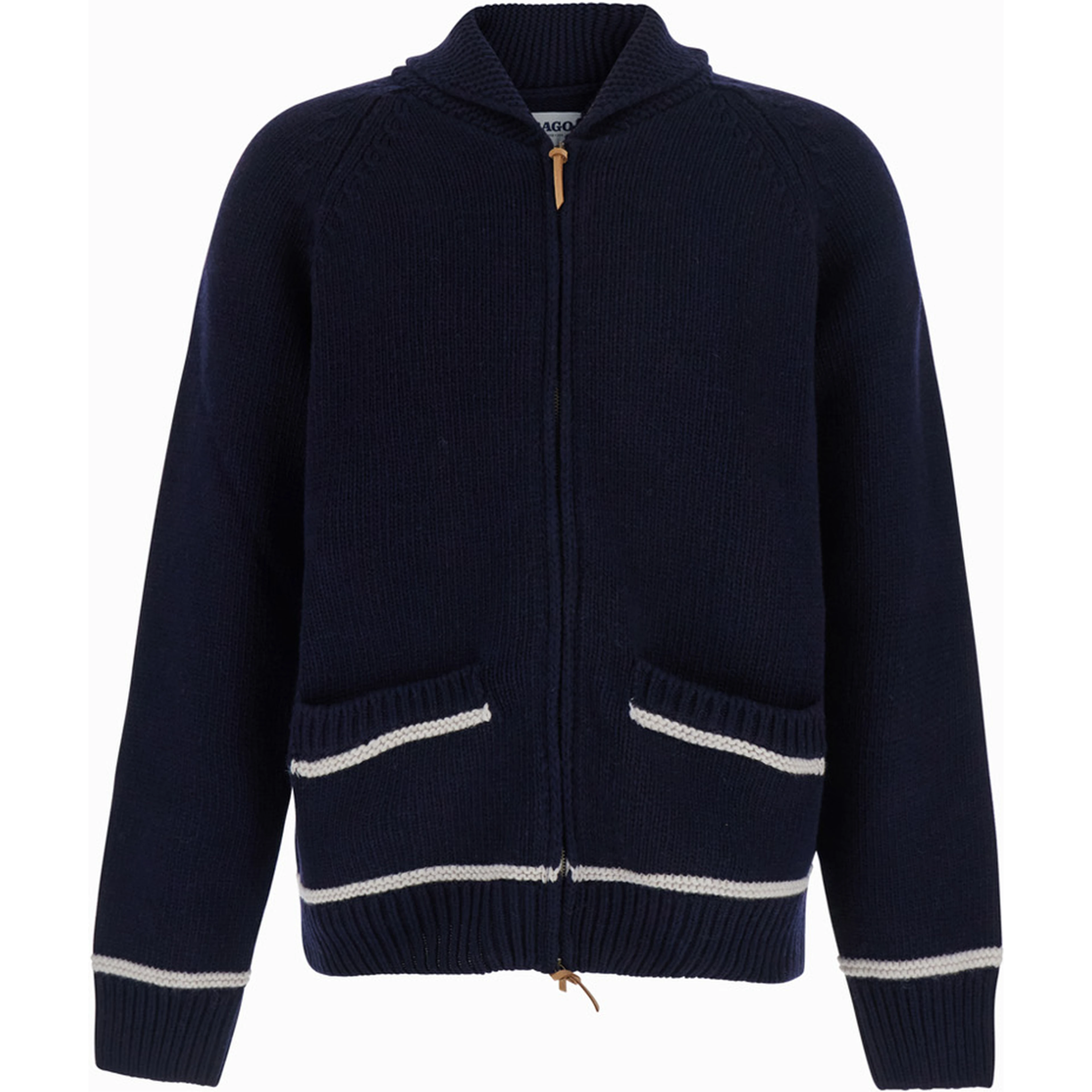 PORTCLIDE blue hooded cardigan with back embroidery in wool blend Men