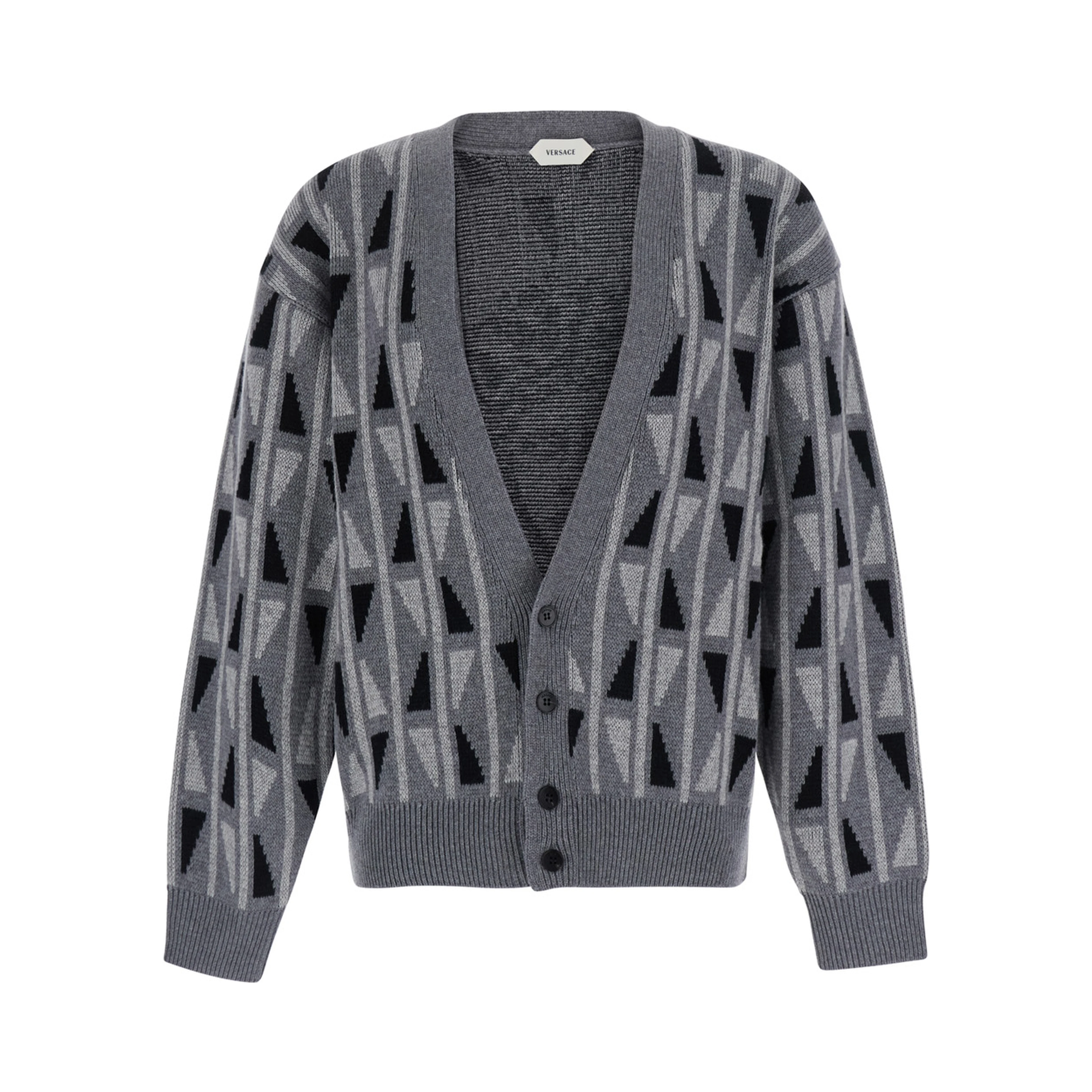 Grey cardigan with Medusa print on the back in wool and cashmere blend men