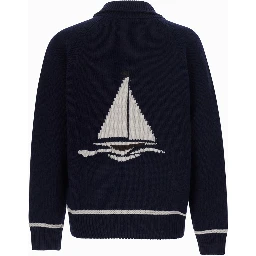 PORTCLIDE blue hooded cardigan with back embroidery in wool blend Men