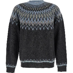 Multicolor Crewneck Sweater with Jacquard Motif in Alpaca and Wool for Men