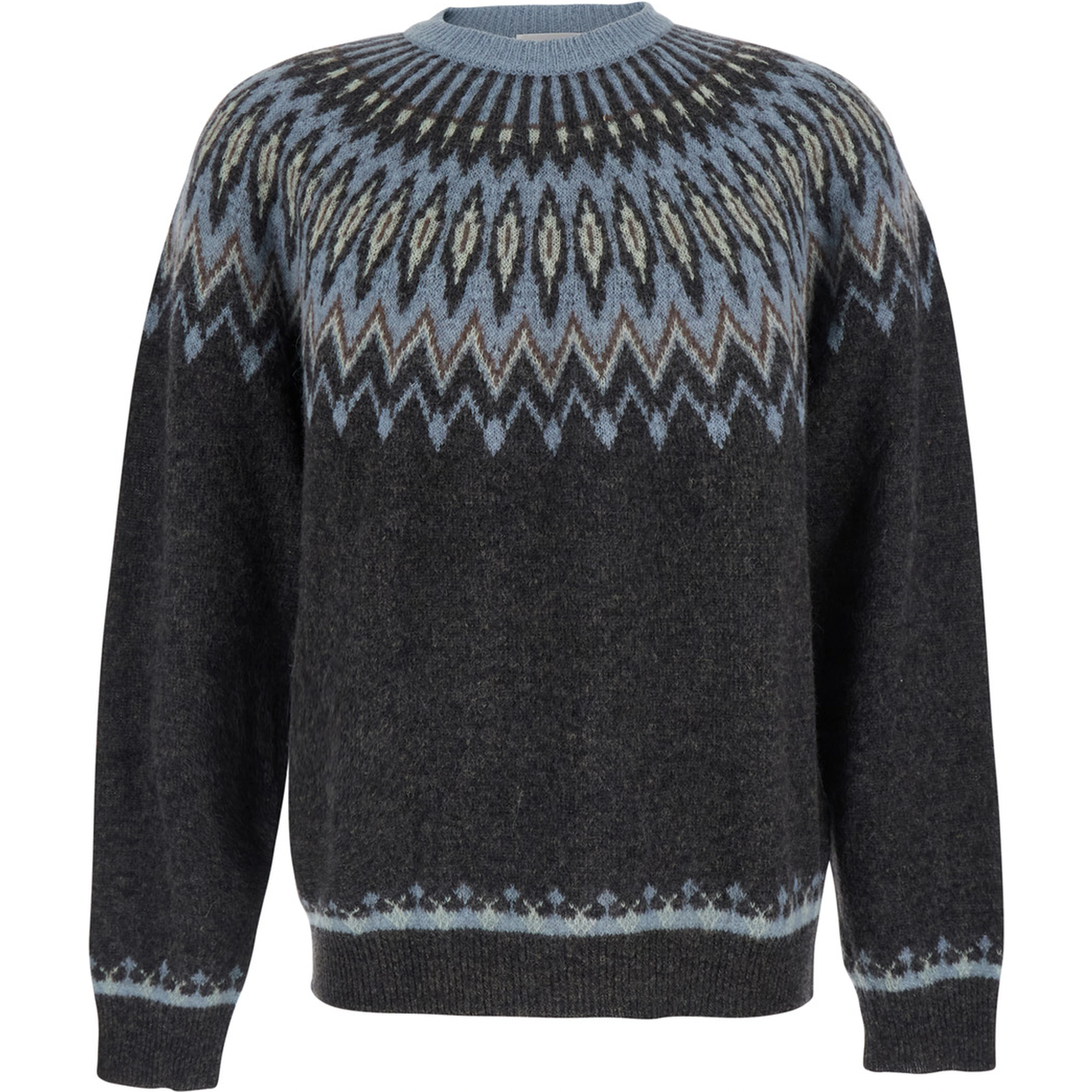 Multicolor Crewneck Sweater with Jacquard Motif in Alpaca and Wool for Men